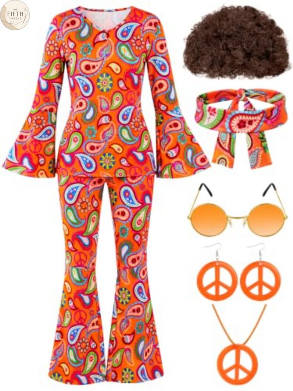 7 Pack 70s Hippie Costume Set Boho Flared Pants Tie Dye Headband Wig